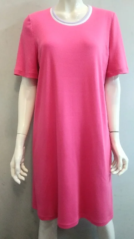 (L6) Ladies Nightie - Short  Sleeves - ROSE PINK with Rose & White Neck Band