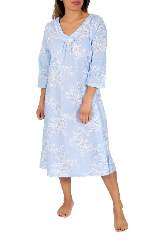 French Country 100% Cotton Nightgown with 3/4 Sleeve in Blue and White Floral FCX304