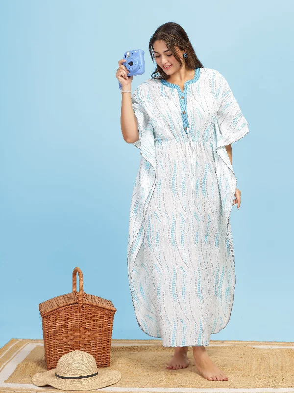 Premium Cotton Kaftan White Blue