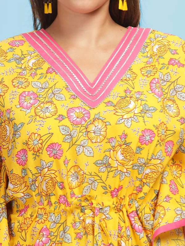 Premium Yellow Designer V Neck Kaftan Dress