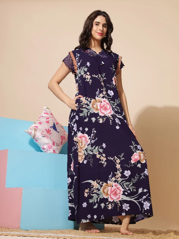 Rayon Designer Maxi Navy Blue Nighty