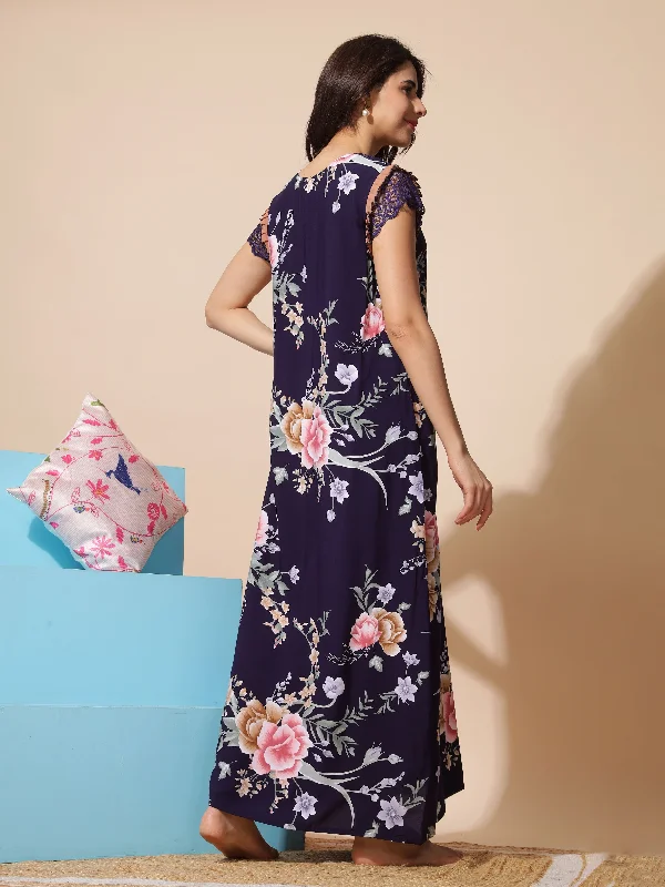 Rayon Designer Maxi Navy Blue Nighty