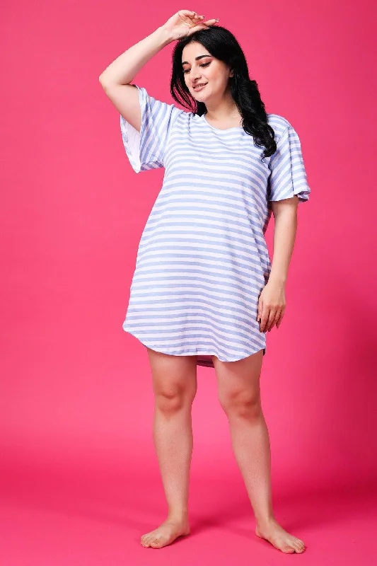 White & Blue Striped Long T-shirt Dress