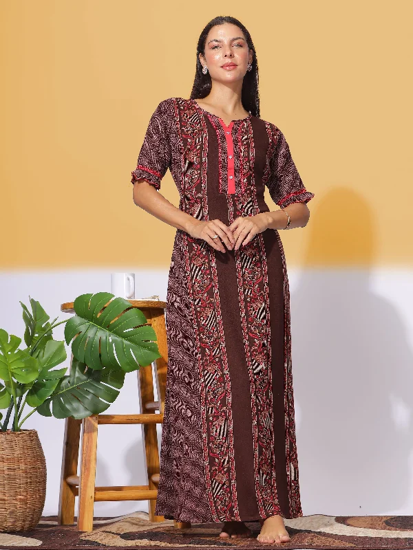 Alpine Maxi Designer Maroon Brown Nighty Frock Style