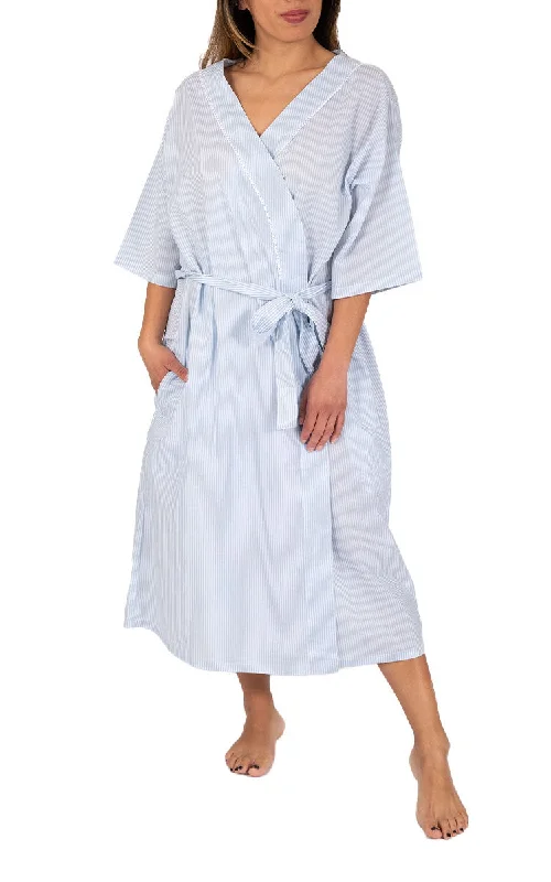 French Country 100% Cotton Robe with 3/4 sleeve in Blue Stripe FCR113 ON SALE