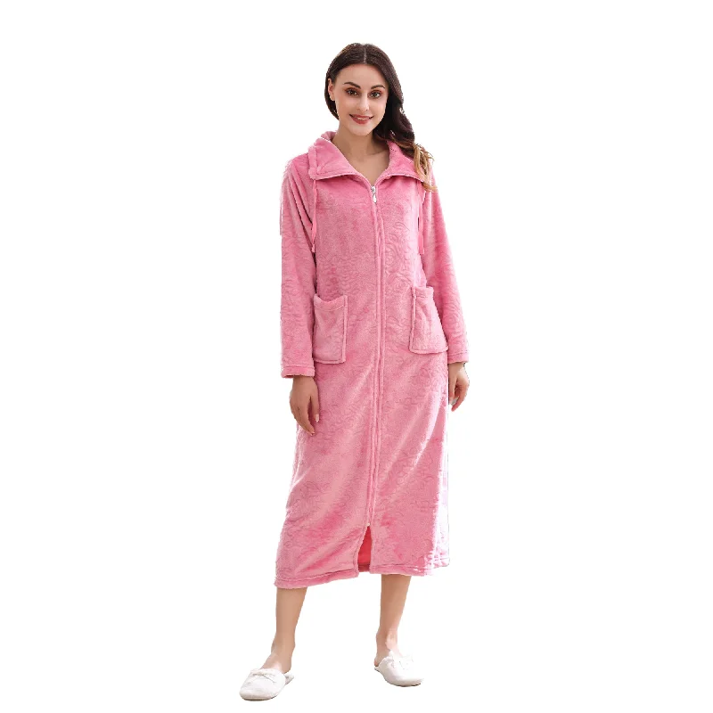 Richie House Dressing Gown Ladies Zip Up Fleece Collared Robe Lounge Coat Bathrobe RHW2883