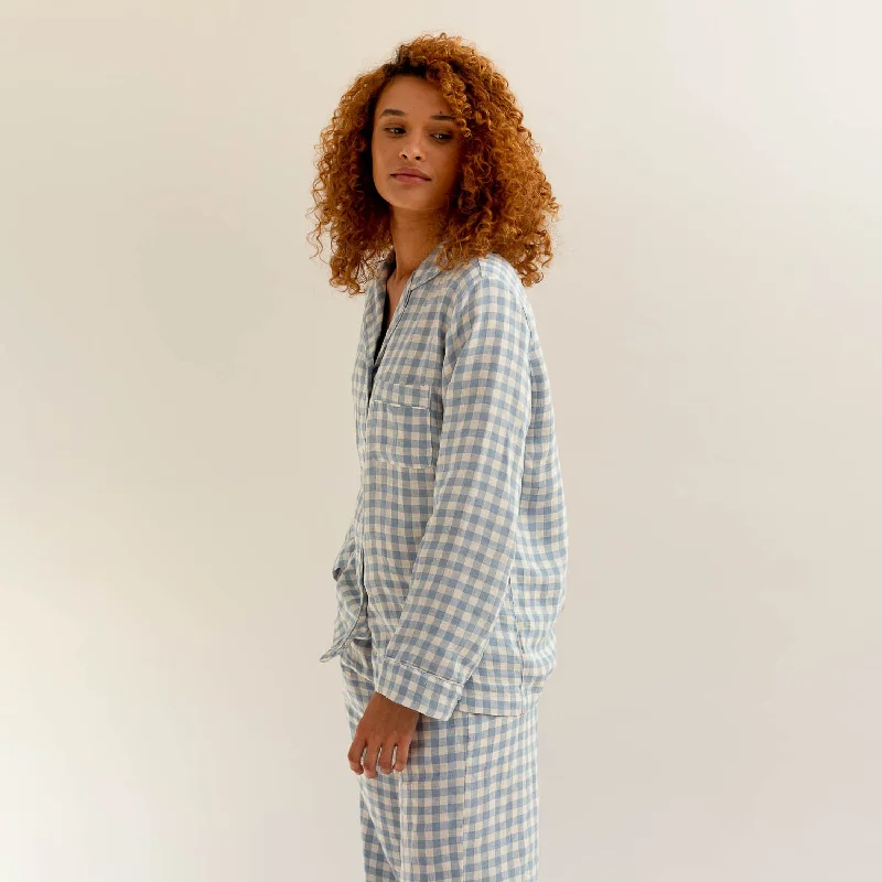 Warm Blue Gingham Linen Pyjama Trouser Set