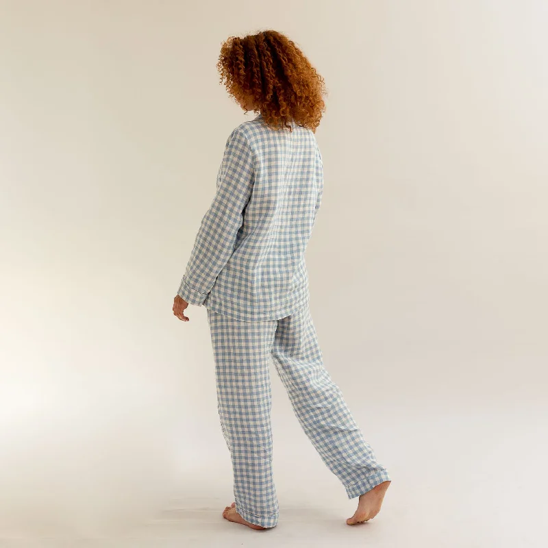 Warm Blue Gingham Linen Pyjama Trouser Set