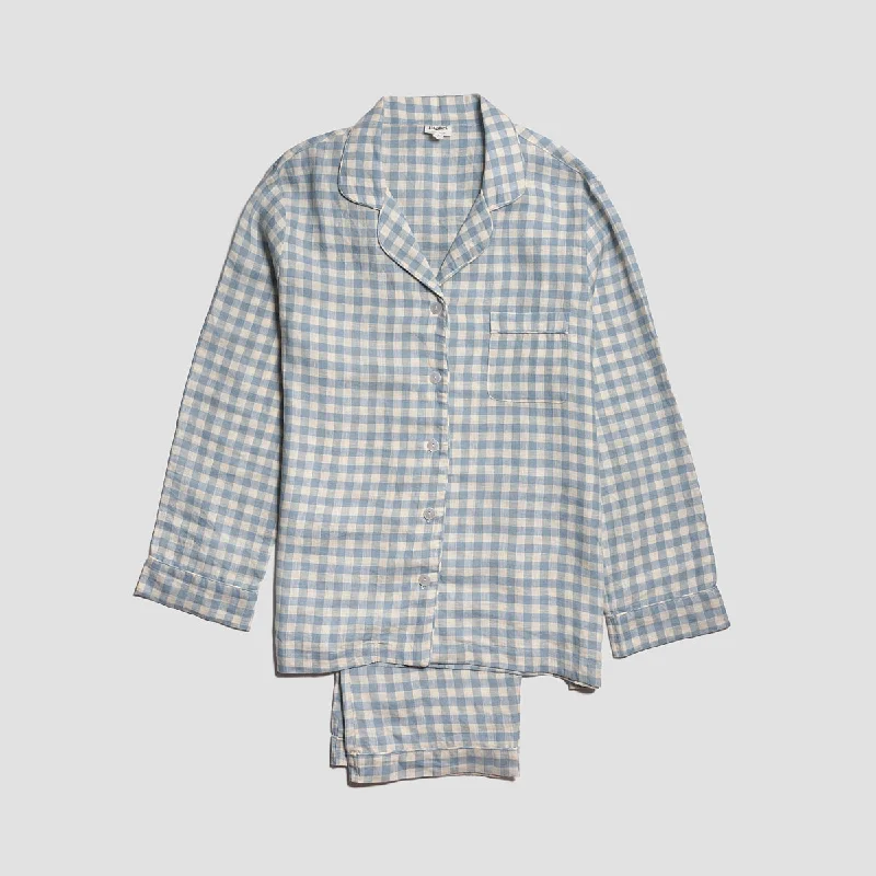 Warm Blue Gingham Linen Pyjama Trouser Set