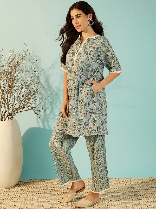 Women Chalk Blue Floral Patterned Cotton Co-Ord Set