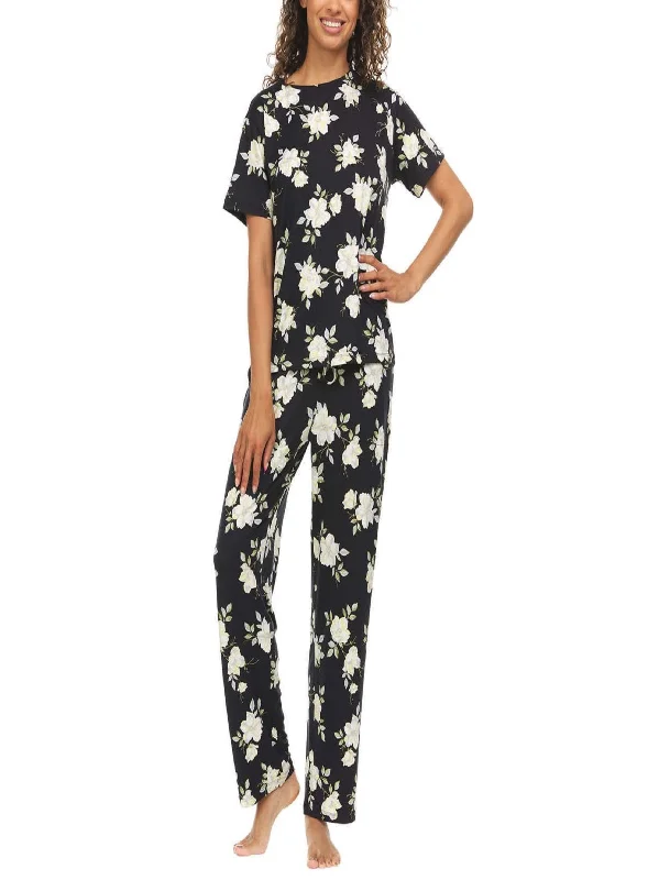 Women's 2-Piece Super Soft Floral Printed Sleepwear Set,Black